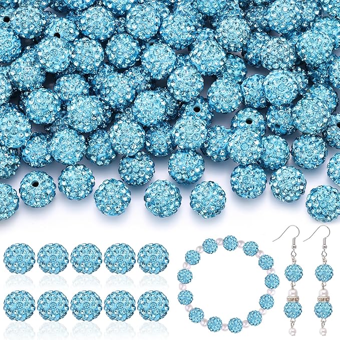 105pcs 10mm Rhinestone Beads for Jewelry Making, Aquamarine Shiny Round Disco Ball Beads Bulk, Sparkle Crystal Clay Christmas for Bracelet Baseball Necklace Earring Crafting and DIY