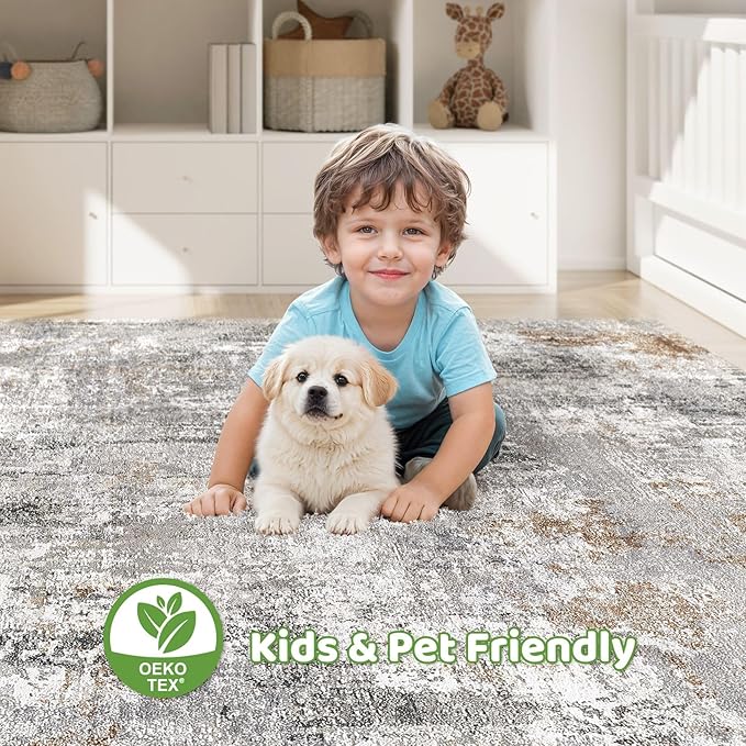 10x14 Area Rugs Living Room: Washable Large Abstract Modern Soft Rug Stain Resistant Indoor Floor Non Slip Accent Carpet for Bedroom Nursery Playroom Office Dining Room Dorm Home House- Gray Rust