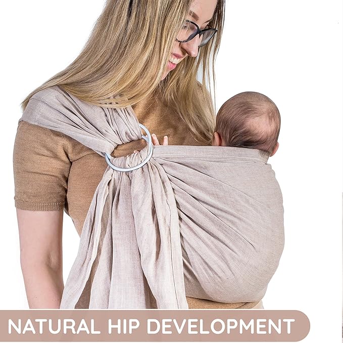 Baby Sling Carrier – Breathable 100% Cotton Wrap for Infant Support, Ring Sling Baby Carrier – Adjustable Muslin Fabric, Soft Chest Hold for Travel (Sand)