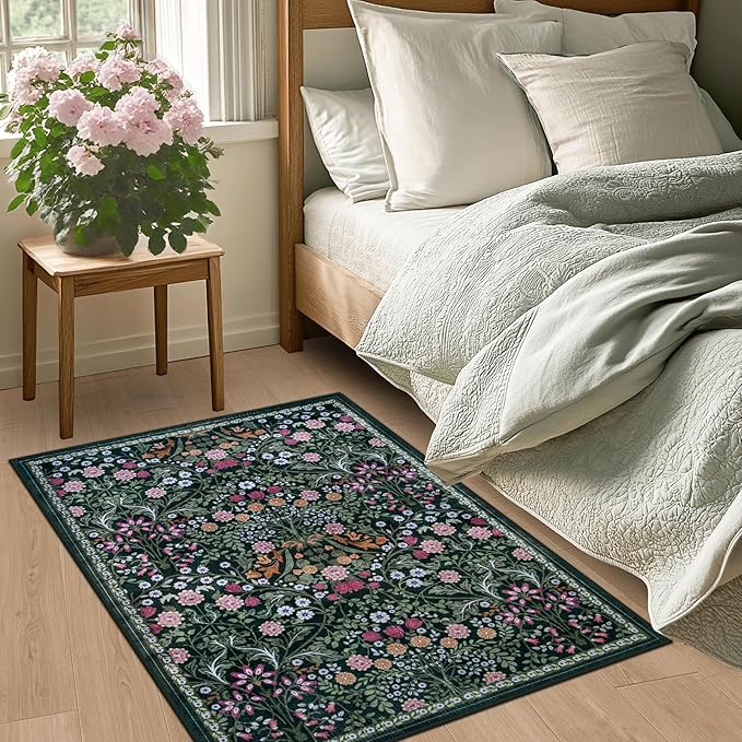 Entryway Rug 2X3 Small Rugs: Floral Washable Door Mat Vintage Soft Low Pile Non-Slip Kitchen Rugs Stain Resistant Indoor Throw Rug for Entrance, Bedroom, Kitchen, Laundry, Bathroom Dark Green