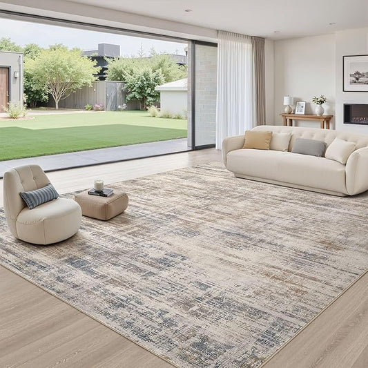 Area Rug for Living Room: 12x15 Washable Neutral Abstract Modern Soft Rugs Non Slip Indoor Floor Stain Resistant Large Carpet for Bedroom Dining Room Office Nursery - Brown