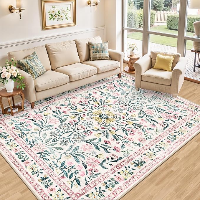 6x9 Area Rugs for Living Room: Floral Washable Rug Vintage Large Soft Boho Non-Slip Carpet Indoor Stain Resistant Thin Carpets for Bedroom Dining Room Farmhouse Nursery Hallway Home Office Pink Green