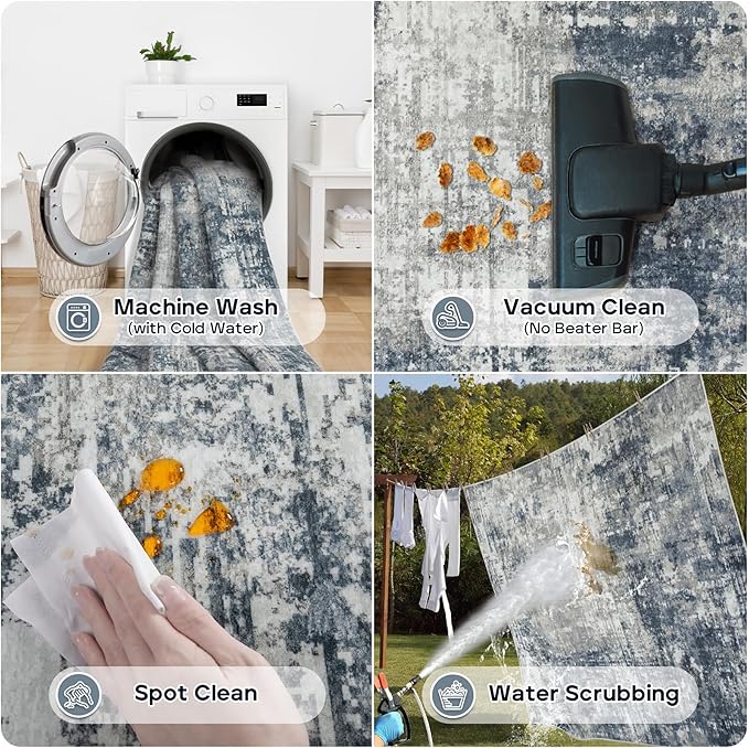 4x6 Area Rugs for Living Room Rug Washable: Modern Large Rug for Dining Room Bedroom Carpet Non Slip Low Pile 4 by 6 Indoor Abstract Nursery Home Office Blue Grey