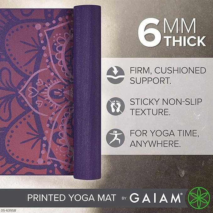 Gaiam Yoga Mat - Premium 6mm Print Extra Thick Non Slip Exercise & Fitness Mat for All Types of Yoga, Pilates & Floor Workouts (68"L x 24"W x 6mm Thick)