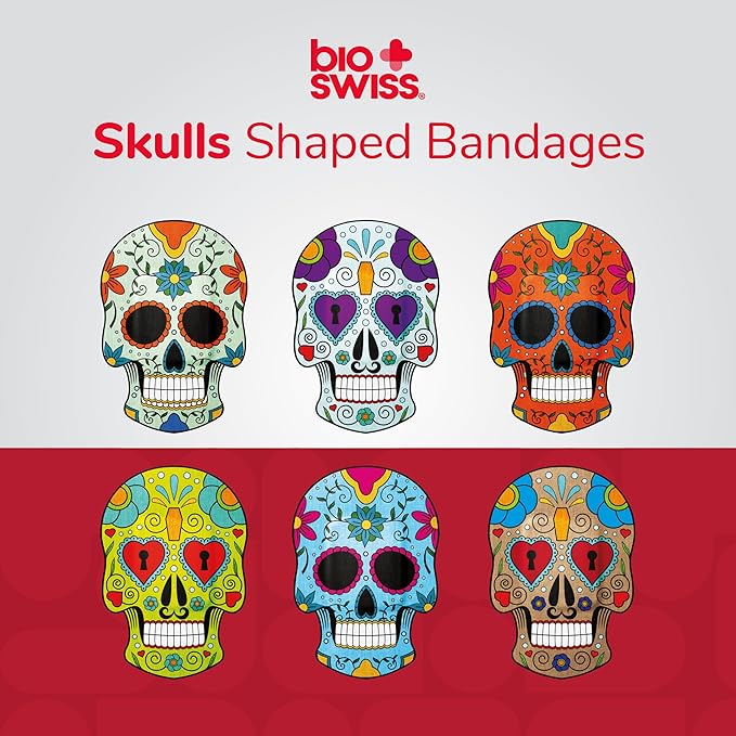 BioSwiss Bandages, Sugar Skull Shaped Self Adhesive Bandage, Latex Free Sterile Wound Care, Fun First Aid Kit Supplies for Kids, 24 Count