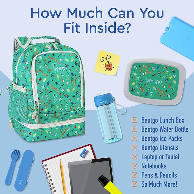 Bentgo Kids 2-in-1 Backpack & Insulated Lunch Bag - Durable 16” Backpack & Lunch Container in Unique Prints for School & Travel - Water Resistant, Padded & Large Compartments (Bug Buddies)