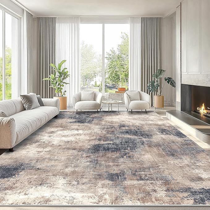 Amada 8x10 Area Rug, Modern Abstract Living Room Rug with Non-Slip Backing & Short Pile, Large Washable Rug with Abstract Pattern for Living Room, Bedroom and Dinning Room, Brown
