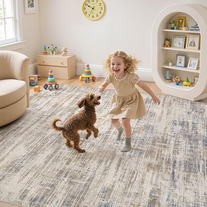 Area Rug for Living Room: 12x15 Washable Neutral Abstract Modern Soft Rugs Non Slip Indoor Floor Stain Resistant Large Carpet for Bedroom Dining Room Office Nursery - Brown