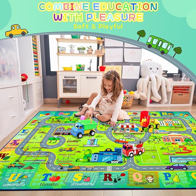 Chicrug 5x8 Car Road Area Rug for Kids Playroom Bedroom, Non Slip Low Pile Washable ABC Alphabet Carpet for Classroom, City Track Play Mat for Toddler Children Nursery Baby Room Decor, Green