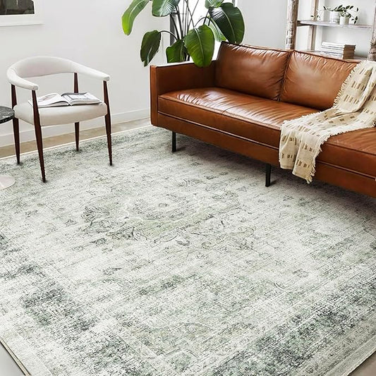 Area Rug 6'x9' Washable Floral Green Vintage Traditional Floor Cover Thin Retro Kitchen Indoor Distressed Non Slip Carpet for Living Room Bedroom Dining Room