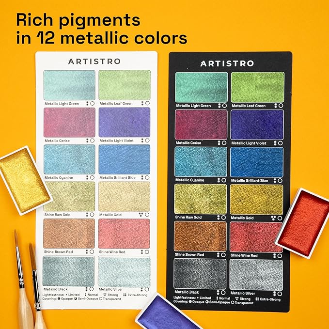 ARTISTRO Professional Metallic Watercolor Paint Set for Adults - 12 Pigment-Rich Metallic Colors, XL Pans, ASTM-I Lightfastness, High Tinting Strength Watercolor Set for Professionals made by professionals