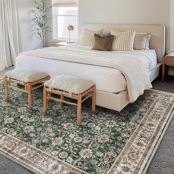 Area Rug 5'x7' Washable Rug Vintage Traditional Floor Cover Thin Retro Kitchen Indoor Distressed Non Slip Carpet for Living Room Bedroom Dining Room