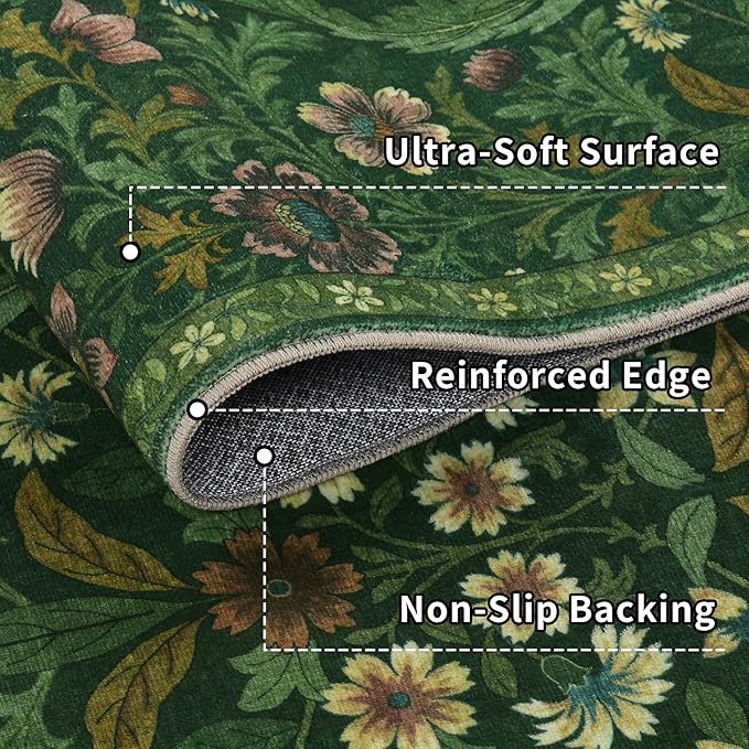8x10 Washable Area Rug for Living Room, Large Vintage Dark Green Floral Rugs, Soft Non-Slip Stain Resistant Boho Lightweight Carpet for Bedroom Dining Room Nursery Home Office