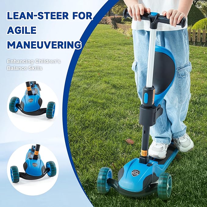 GLAMUP Kids Scooter, 2-in-1 Folding Kick Scooters, Adjustable Height, Safety Lock, 3 Wheel Kick Scooter for Boys and Girls Ages 3-14