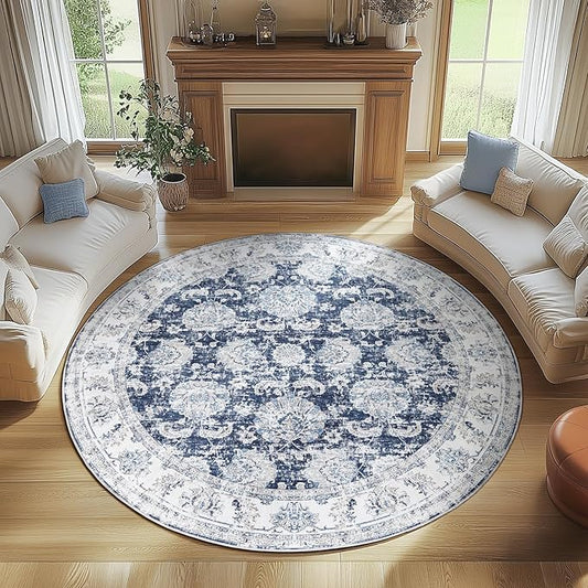 jinchan Round Rug 8ft Area Rugs Vintage Floral Distressed Design Machine Washable Non-Slip Low-Pile Ultra-Thin Circle Rug for Living Room Dining Room Bedroom Home Office Farmhouse (8' Round,Dark Blue)