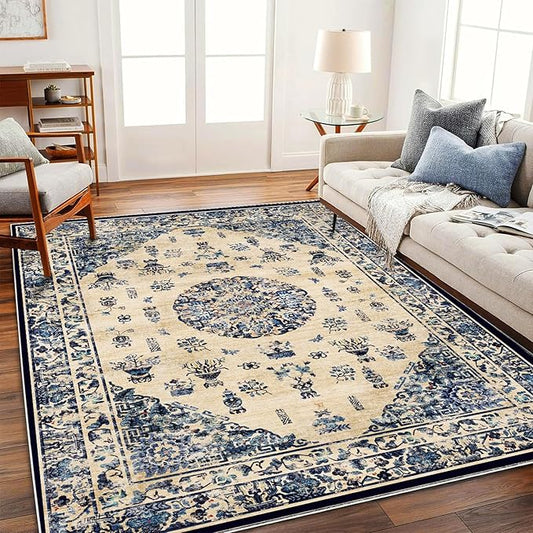 Area Rug 6'x9' Washable Vintage Traditional Floor Cover Thin Retro Kitchen Indoor Distressed Non Slip Carpet for Living Room Bedroom Dining Room
