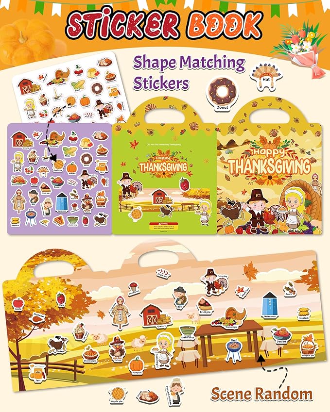 Benresive Reusable Sticker Books for Kids 2-4, Sticker Books for Toddlers 1-3 2-4, Toddler Travel Toys Activities Crafts Gifts - Thanksgiving
