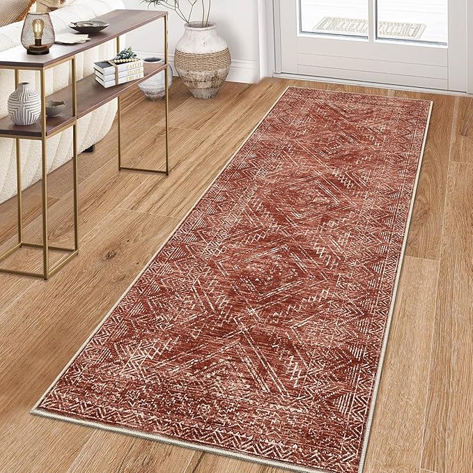 COZYLOOM 2x8 Rug Modern Indoor Area Rug Machine-Washable for Living Room or Bedroom Softness Foldable Carpet for Easy Storage Geometric Design Non Slip Rug Stain Resistant Carpet, Brick Red