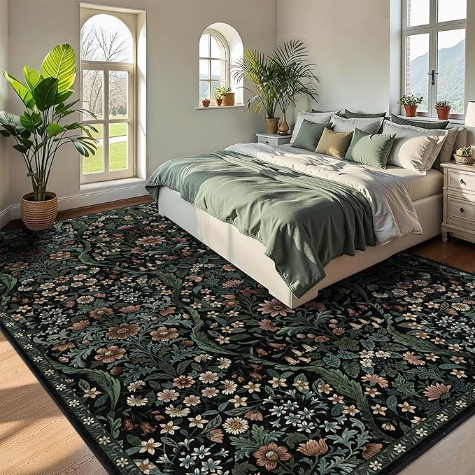 8x10 Washable Area Rug for Living Room, Large Vintage Black Floral Rugs, Soft Non-Slip Stain Resistant Boho Lightweight Carpet for Bedroom Dining Room Nursery Home Office