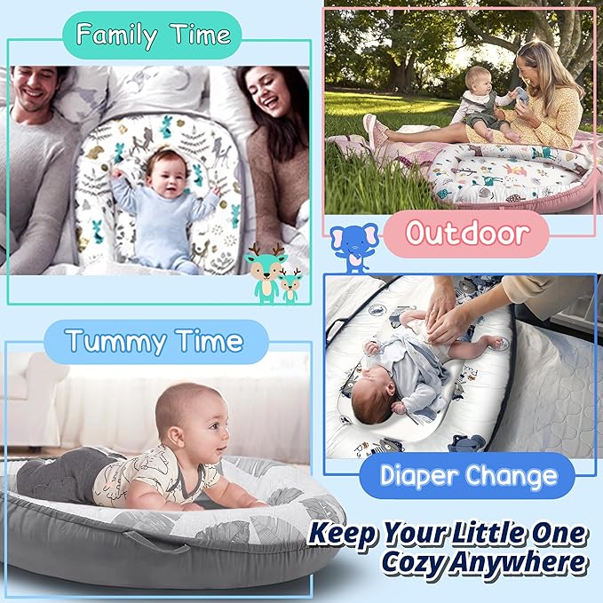 Baby Lounger - Baby Lounger for Newborn 0-24 Months, Breathable, Soft Cotton Baby Nest, Portable Infant Lounger for Home & Travel, Newborn Essentials Gift (Grey Leaf)