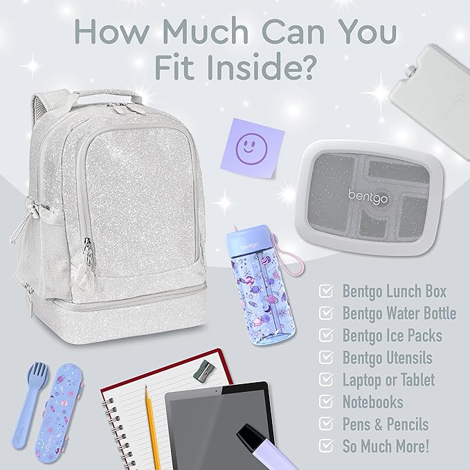 Bentgo Kids 2-in-1 Backpack & Insulated Lunch Bag - Glitter Designed 16” Backpack for School & Travel -, Durable, Water Resistant, Padded, & Large Compartments (Glitter Edition - Silver)