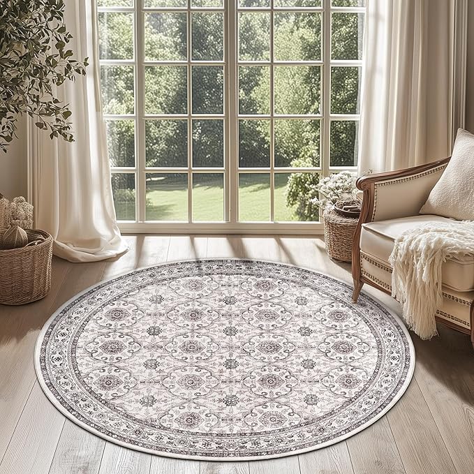 jinchan Round Rug 4ft Washable Circle Soft Rug - Low Pile Vintage 4'Round Indoor Beige Floral Print Stain Resistant Boho Carpet Ultra-Thin Non-Slip for Entryway Nursery Bedroom Dining Room Kitchen