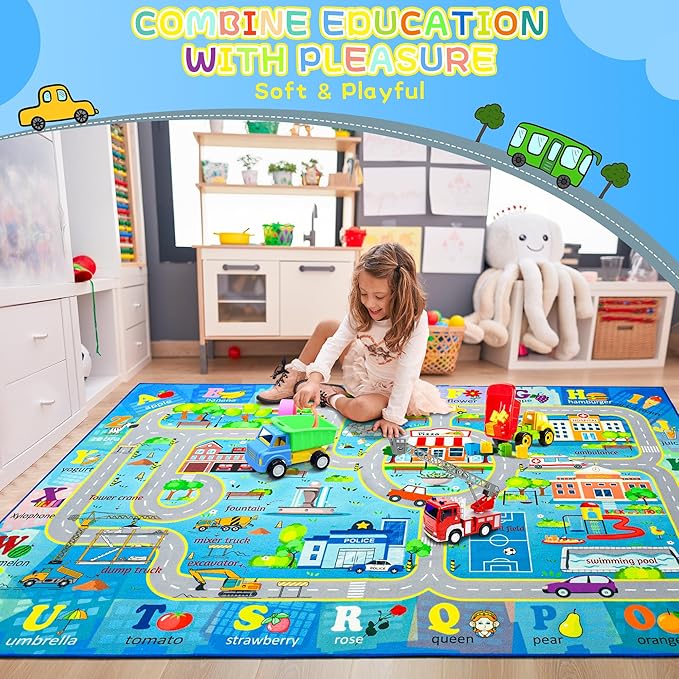Chicrug 6x9 Car Road Area Rug for Kids Playroom Bedroom, Non Slip Low Pile Washable ABC Alphabet Carpet for Classroom, City Track Play Mat for Toddler Children Nursery Baby Room Decor, Blue