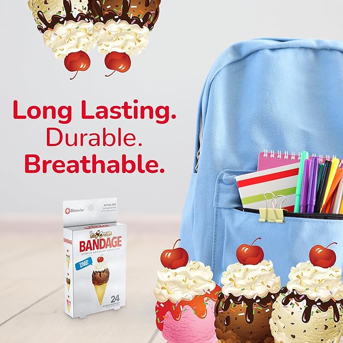 BioSwiss Bandages, Ice Cream Shaped Self Adhesive Bandage, Latex Free Sterile Wound Care, Fun First Aid Kit Supplies for Kids, 24 Count