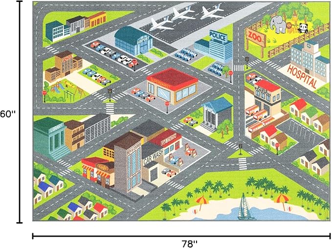 KC Cubs 5x7 City Streets Car Road Rug – Educational Non-Slip Play Mat for Kids, Toddlers, Nursery, Classroom, Playroom, Baby Daycare, Boy Girl Carpet