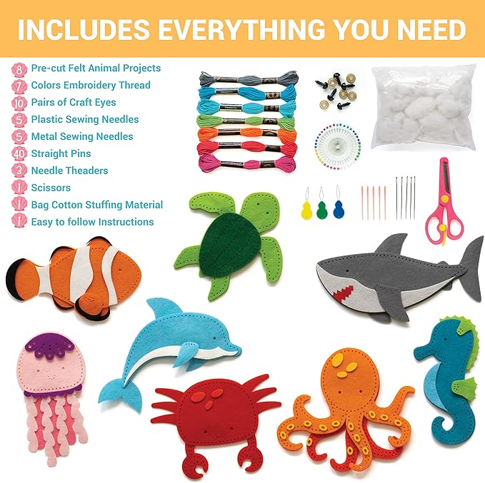 Craftorama Sewing Kit for Kids, Fun and Educational Sea Animal Craft Set for Boys and Girls Age 7-12, Sew Your Own Felt Animals Craft Kit for Beginners, 165 Piece Set