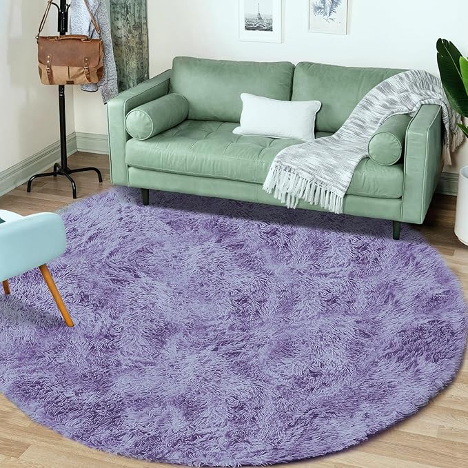 4FT Round Rug for Bedroom: Fluffy Shag Soft Washable Rugs Circle Small Fuzzy Plush Indoor Carpet for Living Room Nursery Playroom Dorm Kids Girls Boys Room (Purple, 4'x4')