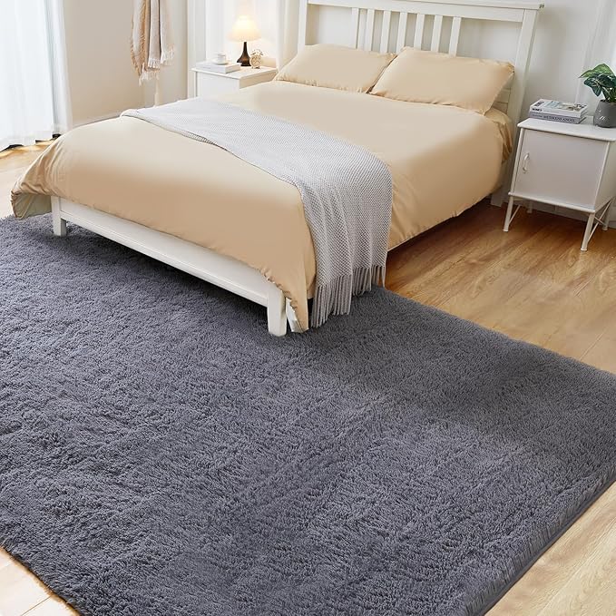 8x10 Grey Fluffy Rug, Ultra Soft Area Rugs for Living Room, Plush Indoor Carpet, Anti-Skid High Pile Luxury Rugs for Bedroom, Nursery, Kids Room, Playroom, Home Decor