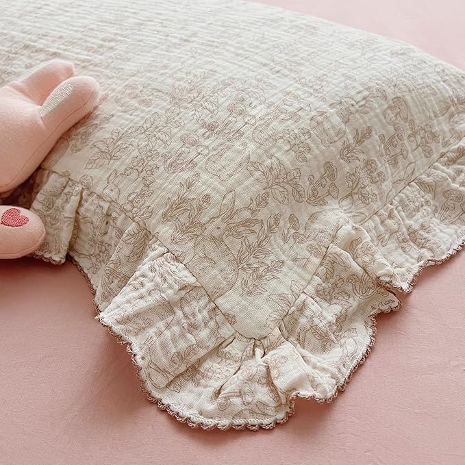 BuLuTu Muslin Cotton Pillowcase King Pillow Cover for Kids Adults Cute Rabbits Flower Pattern Pillowcases with Envelope Closure, 20x36 inch, 1 Piece, Forest, Machine Washable