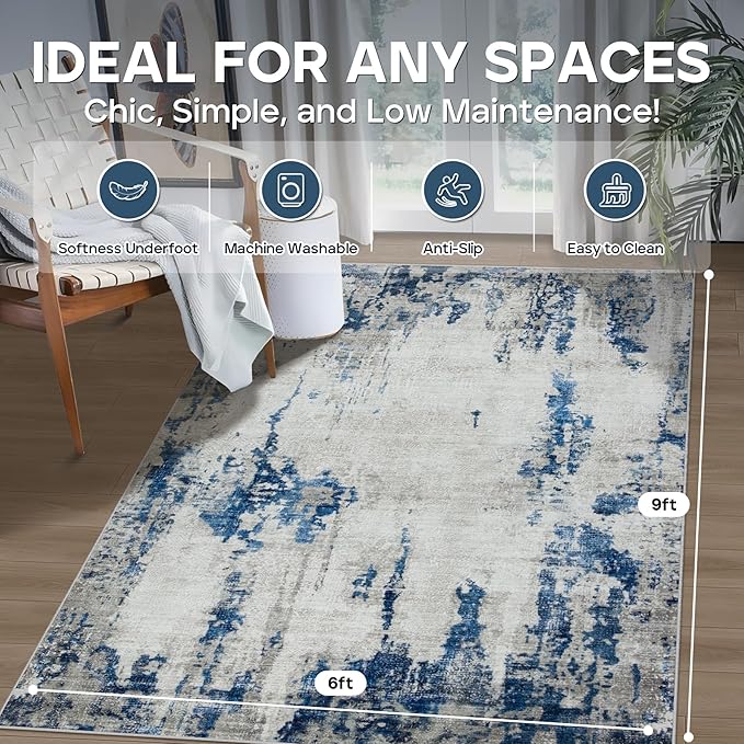 6x9 Area Rugs for Living Room Rug Washable: Modern Rug for Dining Room Bedroom Carpet Non Slip Low Pile 6 by 9 Indoor Abstract Nursery Home Office Blue White