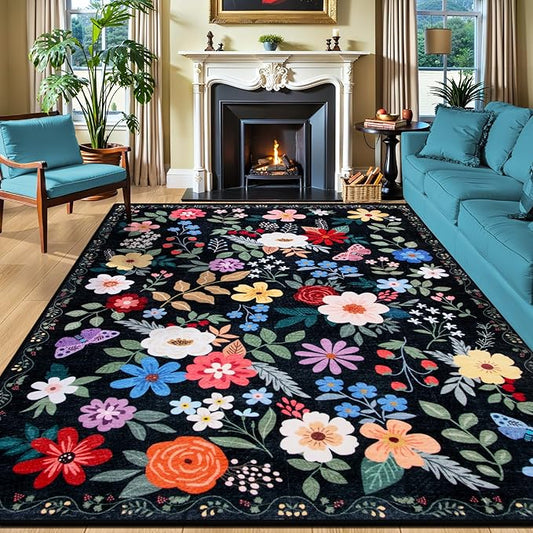 Area Rugs 9x12 Living Room: Floral Washable Rug Vintage Large Soft Boho Non-Slip Carpet Indoor Floor Stain Resistant Low Pile Carpets for Bedroom Dining Room Farmhouse Nursery Home Office Black