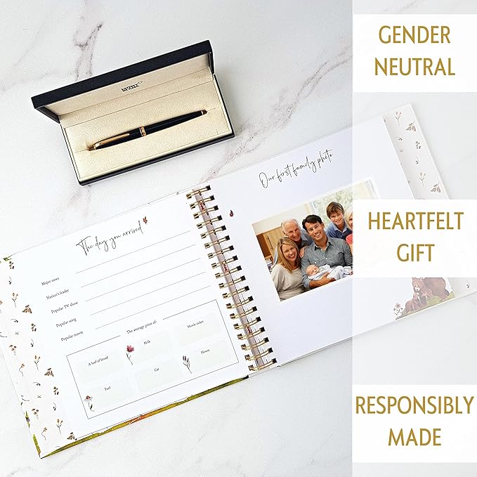 Baby Memory Book for Girl or Boy - First 5 Year Unisex Woodland Animal Keepsake to Log New Born 1st Milestone - Gender Neutral Photo Album - Parent Scrapbook Journal - Pregnancy Gift for Expecting Mom