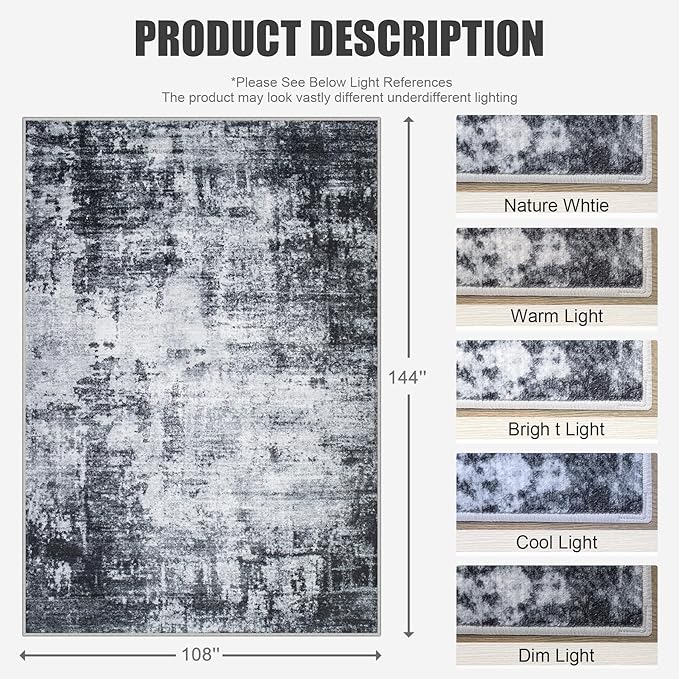 9x12 Area Rug Living Room Rug: Washable Modern Abstract Soft Thin Rug Indoor Floor No Slip Stain Resistant Carpet for Bedroom Dining Room Farmhouse Nursery Home Office - Dark Black