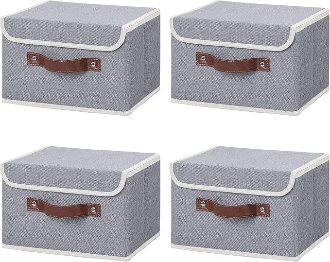 ANMINY 4PCS Storage Bins with Lid PU Leather Handles Storage Boxes PP Plastic Board Decorative Foldable Lidded Cotton Linen Fabric Home Cubes Baskets Closet Organizer Containers - Gray, Small Size