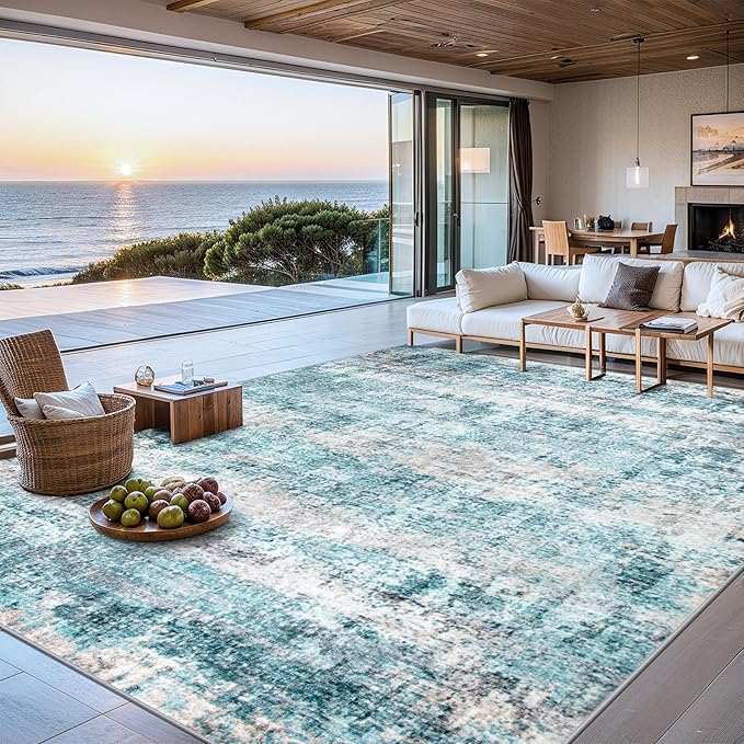 Area Rugs 10x14 Living Room - Washable Rug Modern Abstract Soft Large Neutral Non-Slip Carpet Indoor Floor Thin Carpets for Bedroom Dining Room Farmhouse Nursery Home Office Green