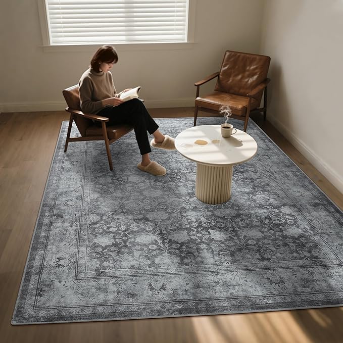 5x7 Washable Area Rug for Living Room, Non Slip Vintage Floral Rugs for Bedroom, Retro Indoor Floor Carpet for Kitchen, Dining Room, Farmhouse, Classroom (Distressed Grey)