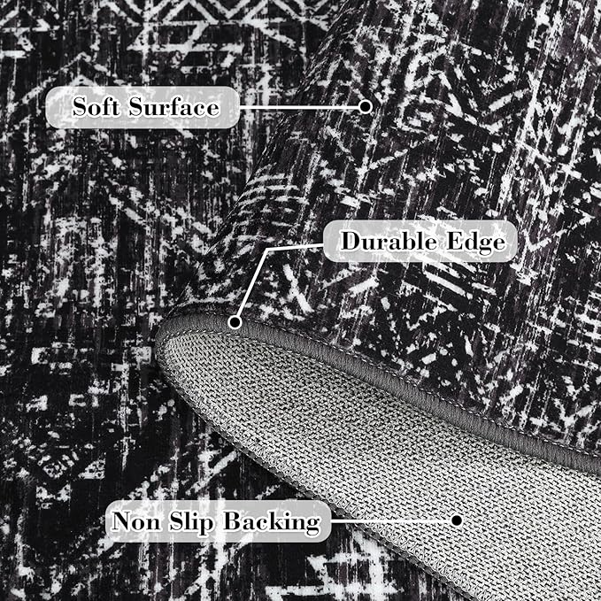 COZYLOOM Area Rug 6x9 Washable Rug for Bedroom Office Dining Room Living Room Vintage Non Slip Large Area Rug Geometric Soft Throw Low Pile Stain Resistant Carpet, Black