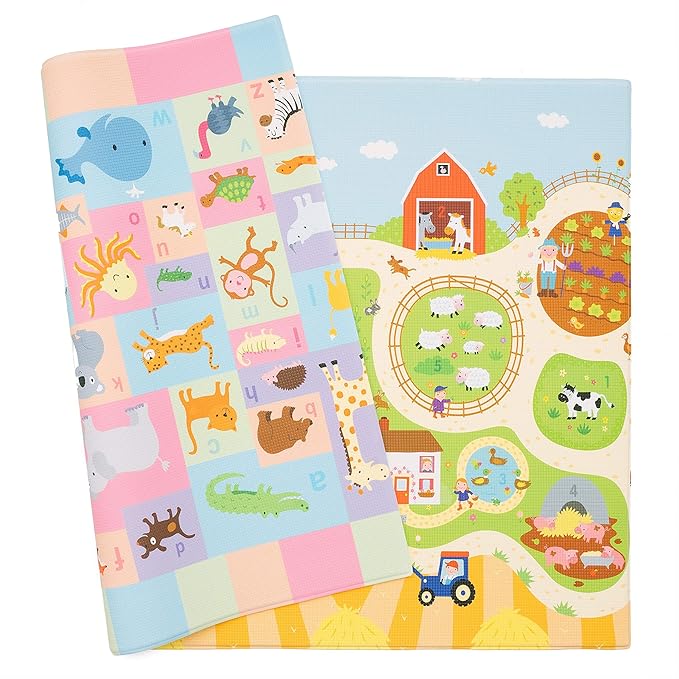 Baby Care Play Mat - Playful Collection (Busy Farm, Large) - Play Mat for Infants – Non-Toxic Baby Rug – Cushioned Baby Mat Waterproof Playmat – Reversible Double-Sided Kindergarten Mat