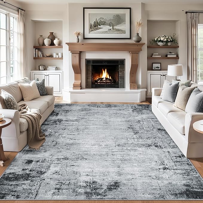 Area Rugs Living Room Rug - 4x6 Washable Modern Abstract Soft Neutral Non-Slip Carpet Large Indoor Floor Thin Carpets for Bedroom Dining Room Farmhouse Nursery Home Office Black