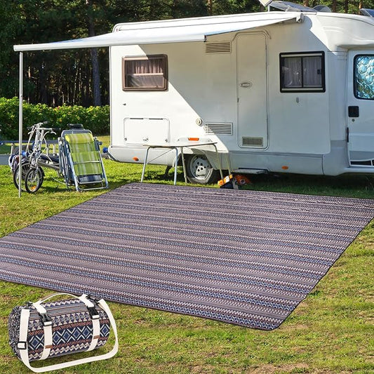 G GOOD GAIN Picnic Blankets Outdoor - Waterproof Outdoor Rug with Shoulder Carry Strap | Machine Washable Picnic Mat with Sandproof Backing for RV, Balcony, Camping, Hiking, Concerts (Blue, 9' x 6')