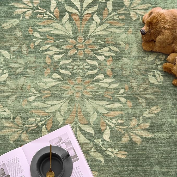 jinchan Round Rug 7ft Area Rugs,Vintage Floral Distressed Design Machine Washable Soft Non-Slip Low-Pile Ultra-Thin Circle Rug for Living Room Dining Room Bedroom Home Office (7' Round,Dark Green)