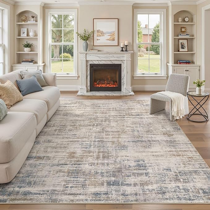 Area Rug for Living Room: 12x15 Washable Neutral Abstract Modern Soft Rugs Non Slip Indoor Floor Stain Resistant Large Carpet for Bedroom Dining Room Office Nursery - Brown