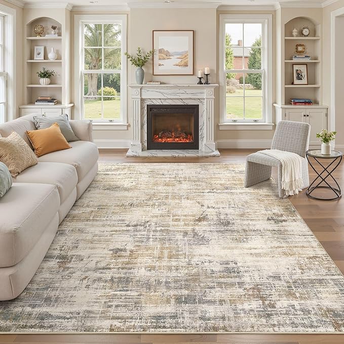 Area Rug for Living Room: 9x12 Washable Neutral Abstract Modern Soft Rugs Non Slip Indoor Floor Stain Resistant Large Carpet for Bedroom Dining Room Office Nursery - Golden Brown