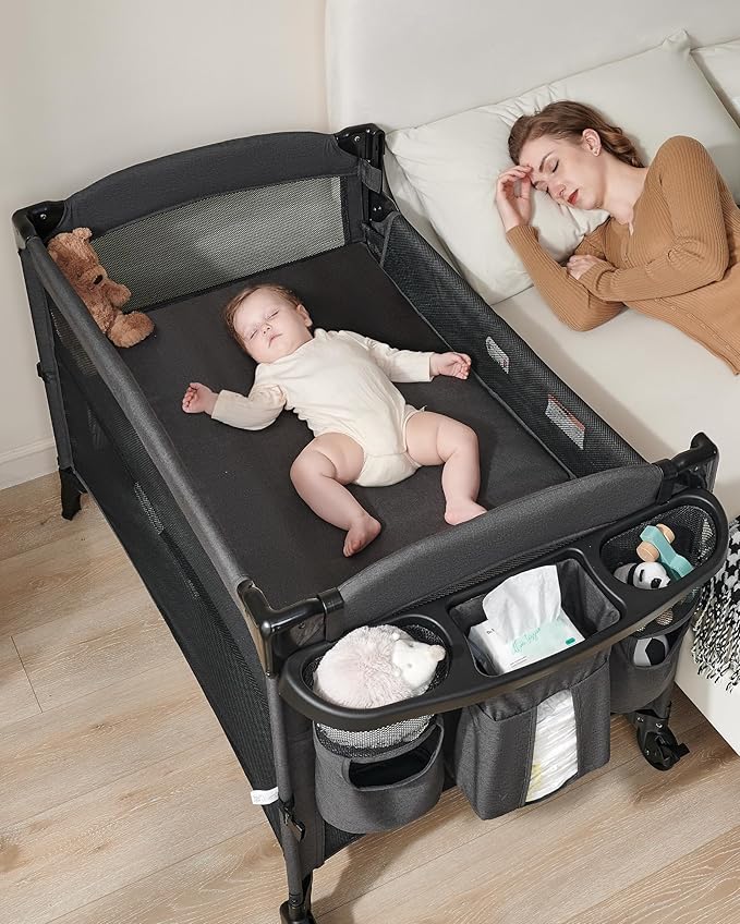 AirClub 4 in 1 Baby Bassinet Bedside Sleeper, 4 Functions Crib, Playard, Portable Changing Table, Bassinet for Newborn Baby, Bedsaide Bed w/Wheels&Brakes