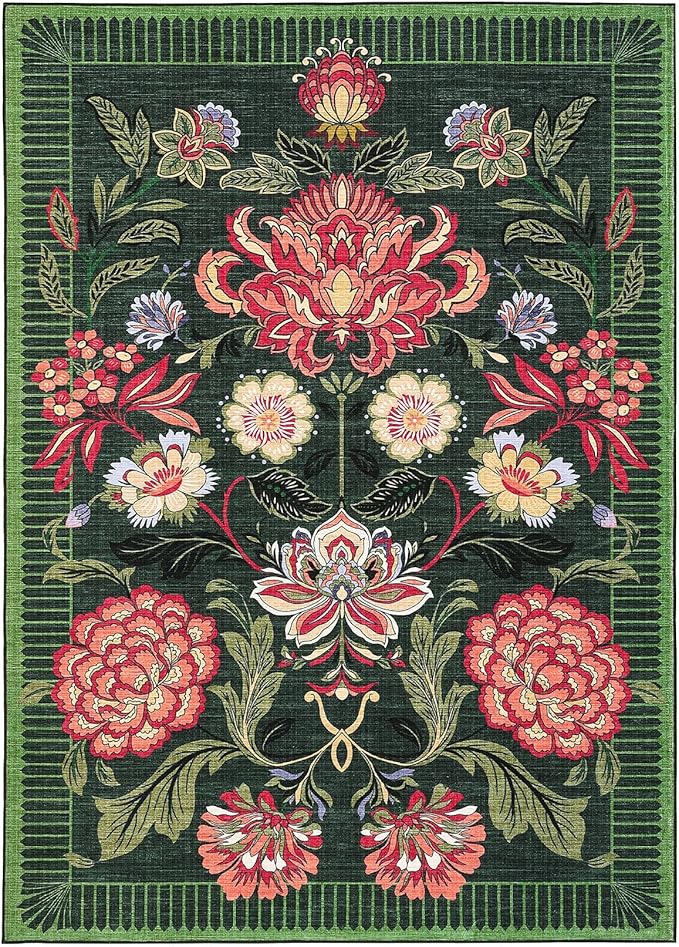GarveeHome Forest Green Floral Botanical Washable Rugs 5x7 Area Rug for Living Room, Vintage Boho Cottage Throw Rugs Low Pile Carpet for Bedroom Dining Nursery Rug