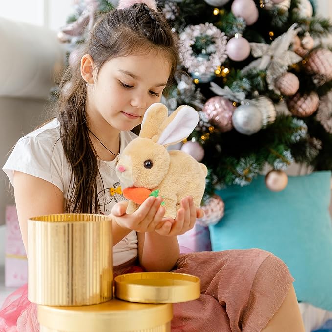 Easfan Easter Hopping Bunny Plush with Carrot Jumping Spotted Rabbit Ears Nose Moving Educational Plush Toy Interactive Toy Electric Birthday Gift for Toddlers Kids,7"